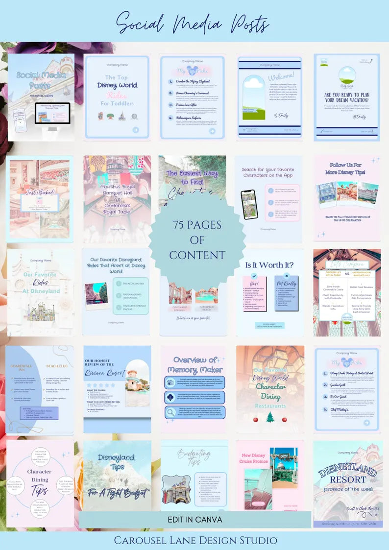 Disney Travel Agent Social Media Templates for Canva | 75 Editable Posts & 11 Custom Graphics | Travel Advisor Marketing Kit