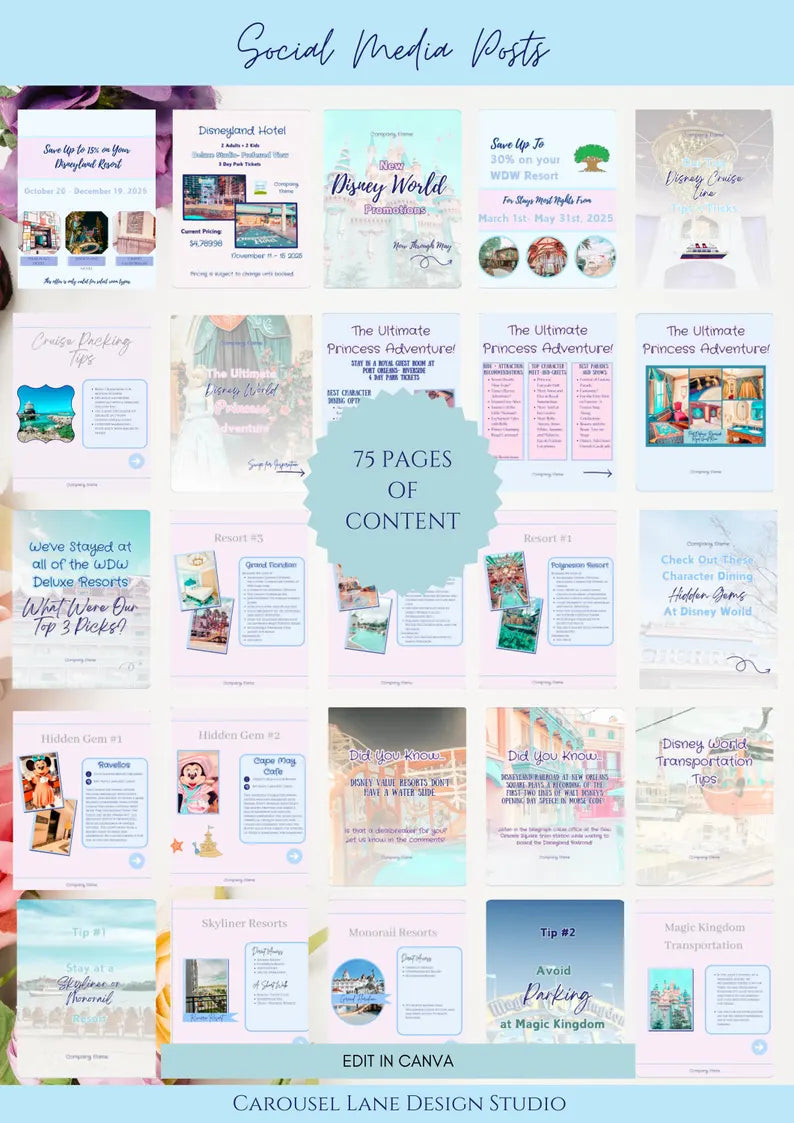 Disney Travel Agent Social Media Templates for Canva | 75 Editable Posts & 11 Custom Graphics | Travel Advisor Marketing Kit