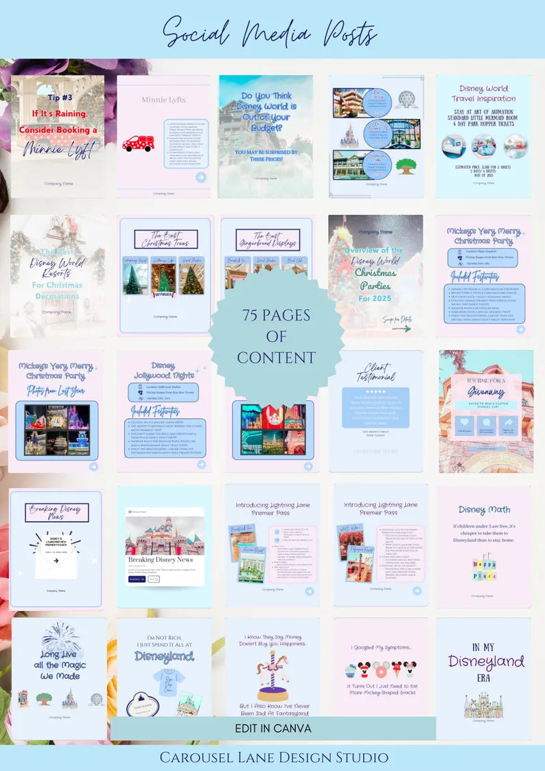 Disney Travel Agent Social Media Templates for Canva | 75 Editable Posts & 11 Custom Graphics | Travel Advisor Marketing Kit