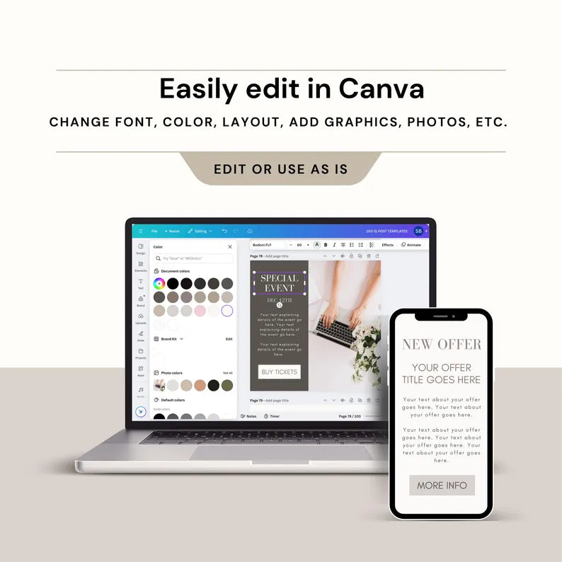 100 Instagram Post Templates for Canva | Neutral Beige Aesthetic Social Media Pack | Editable Business & Influencer Templates