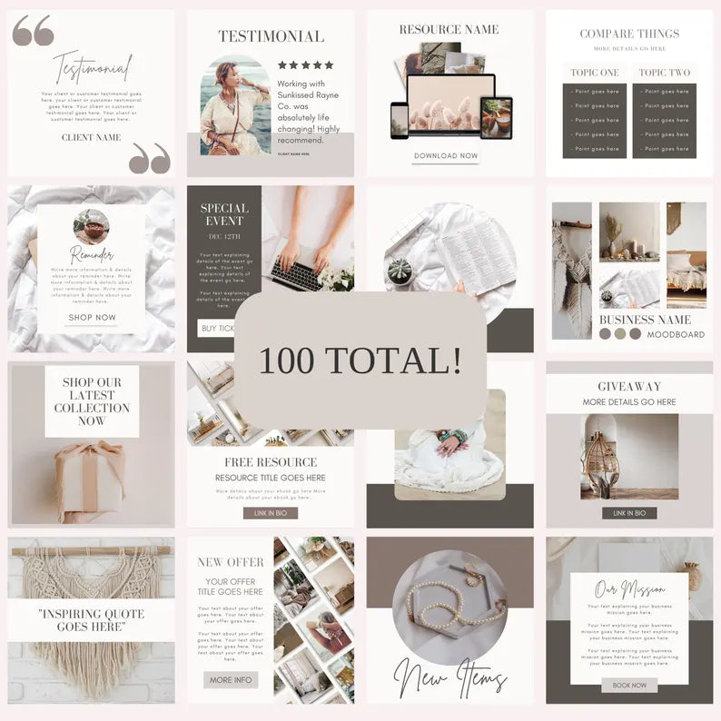 100 Instagram Post Templates for Canva | Neutral Beige Aesthetic Social Media Pack | Editable Business & Influencer Templates