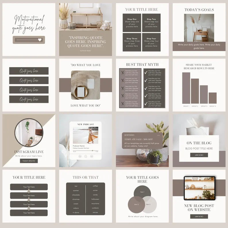 100 Instagram Post Templates for Canva | Neutral Beige Aesthetic Social Media Pack | Editable Business & Influencer Templates