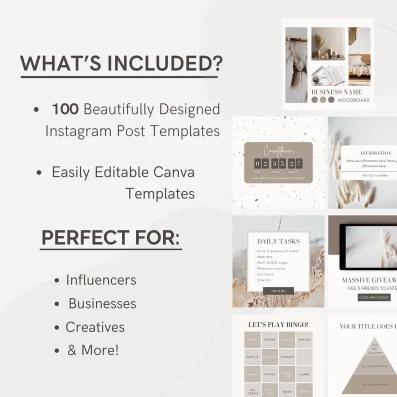 100 Instagram Post Templates for Canva | Neutral Beige Aesthetic Social Media Pack | Editable Business & Influencer Templates