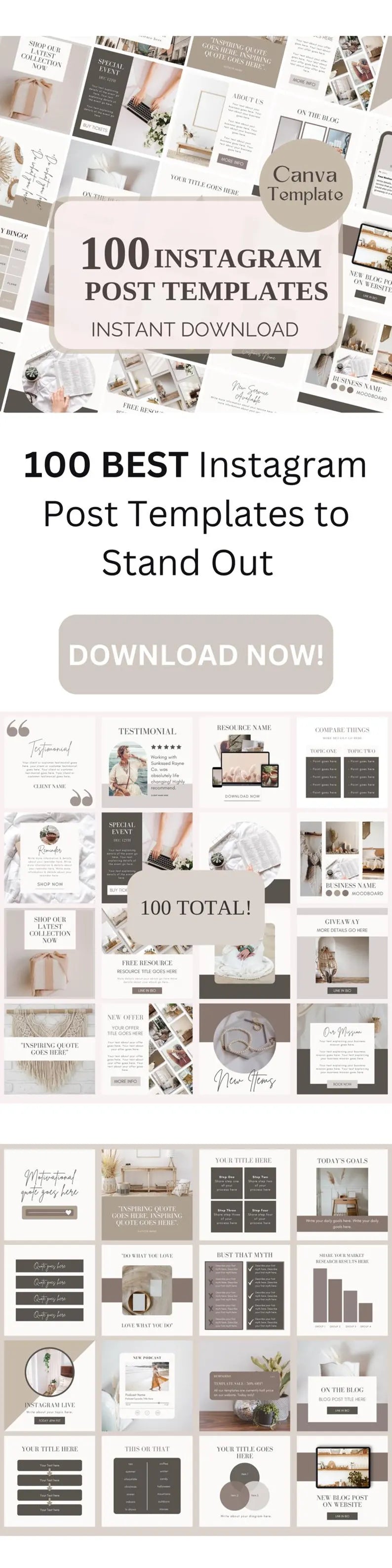 100 Instagram Post Templates for Canva | Neutral Beige Aesthetic Social Media Pack | Editable Business & Influencer Templates