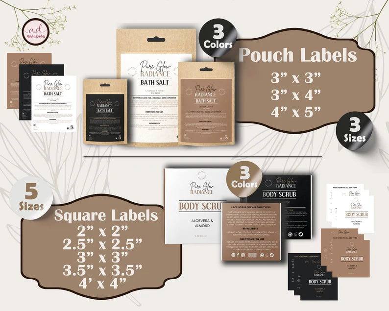 Editable Cosmetic Label Templates | Soap, Bath Salt & Body Scrub Label Bundle | Printable Canva Templates for Small Business Branding